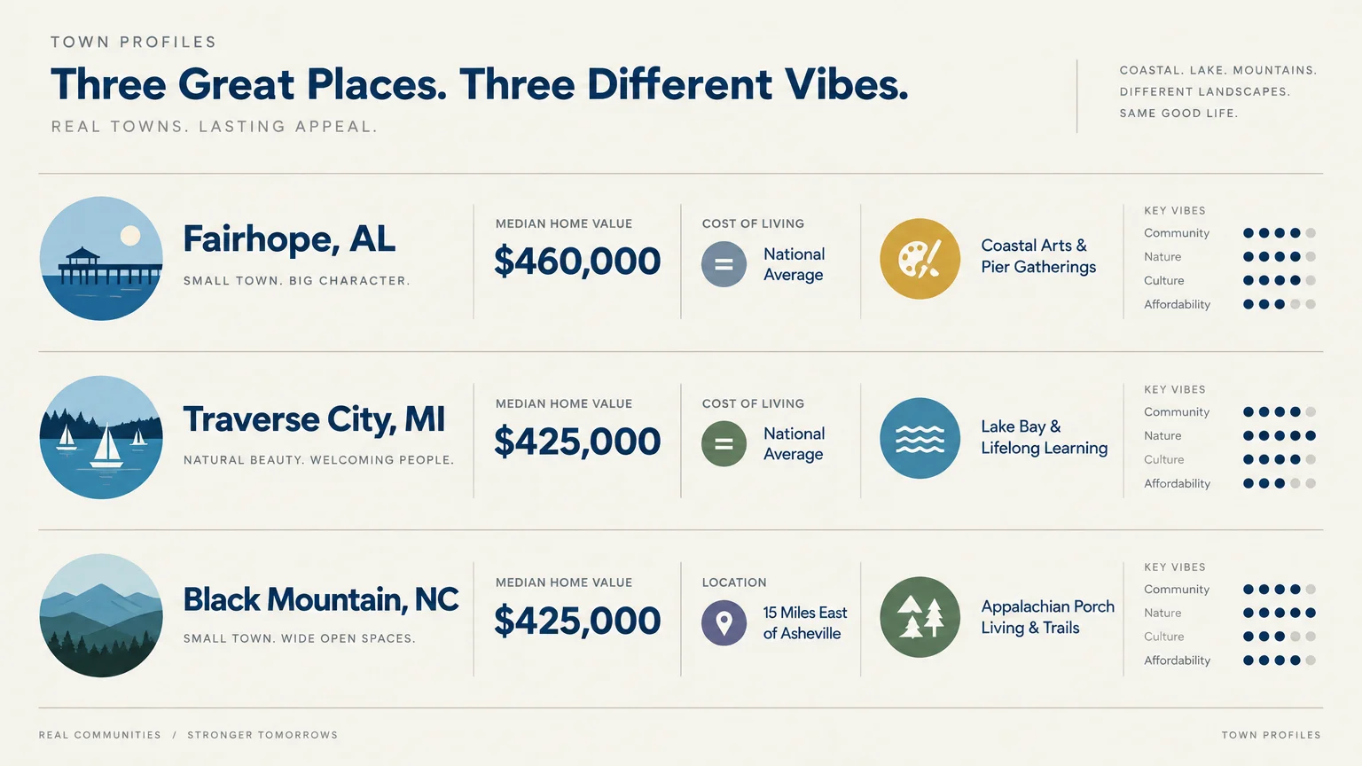 Infographic comparing Fairhope, AL, Traverse City, MI, and Black Mountain, NC with median home values and community vibes.
