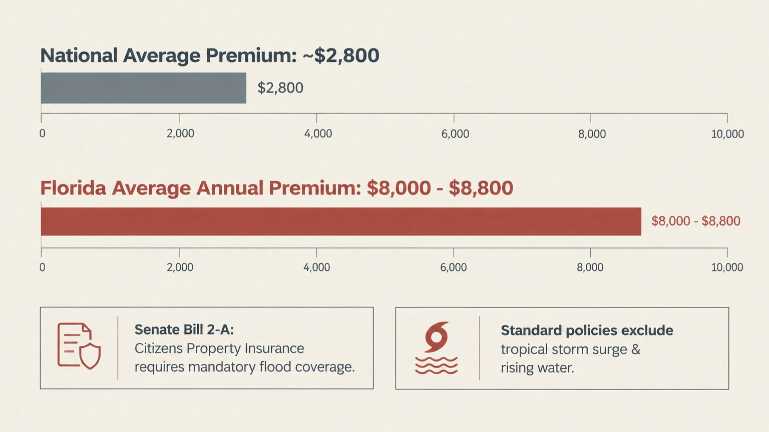Bar chart comparing national average insurance premiums of $2,800 to Florida's average annual premium of $8,000 to $8,800.