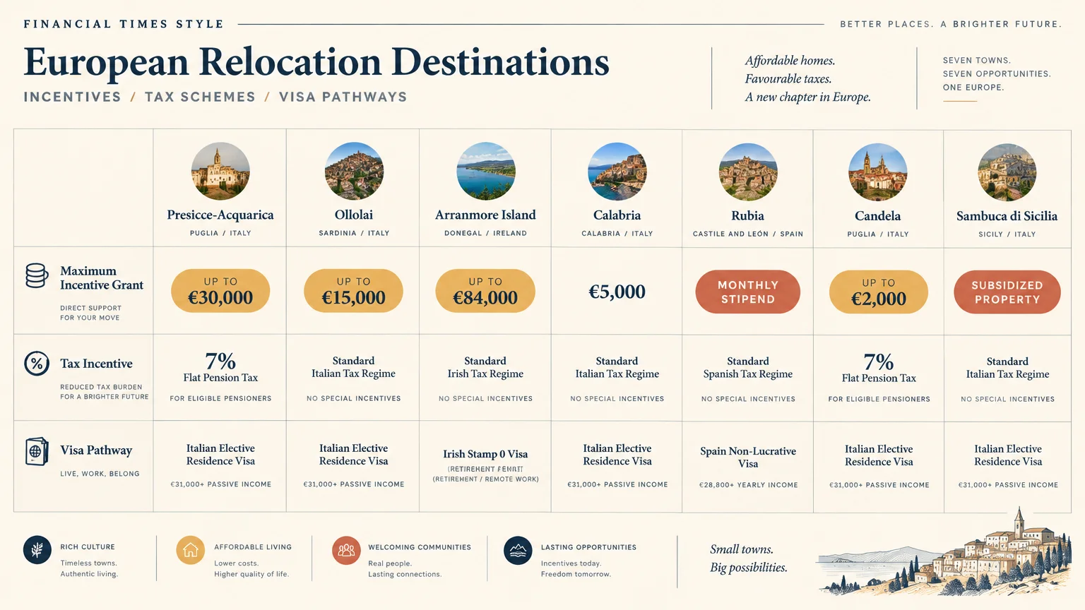 Table comparing relocation grants, tax schemes, and visa pathways across seven European destinations with photos and figures.