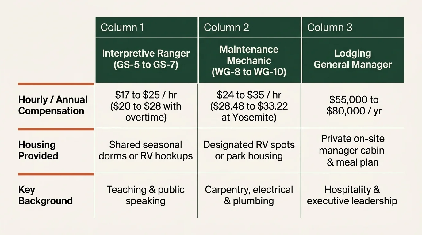 Table comparing compensation, housing provided, and key background for Interpretive Ranger, Maintenance Mechanic, and Lodging GM.
