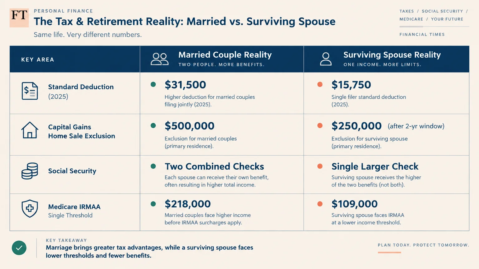 Comparison table showing financial metrics like standard deductions and Medicare IRMAA thresholds for married versus surviving spouses.