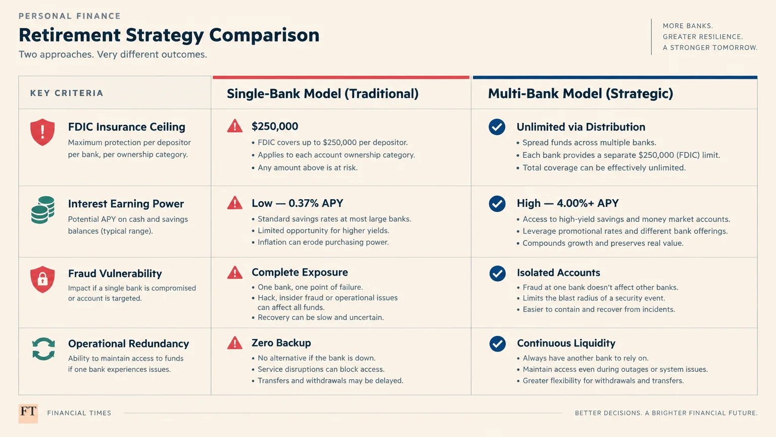 Comparison chart contrasting single-bank and multi-bank retirement strategies across FDIC insurance, yields, fraud, and backup.
