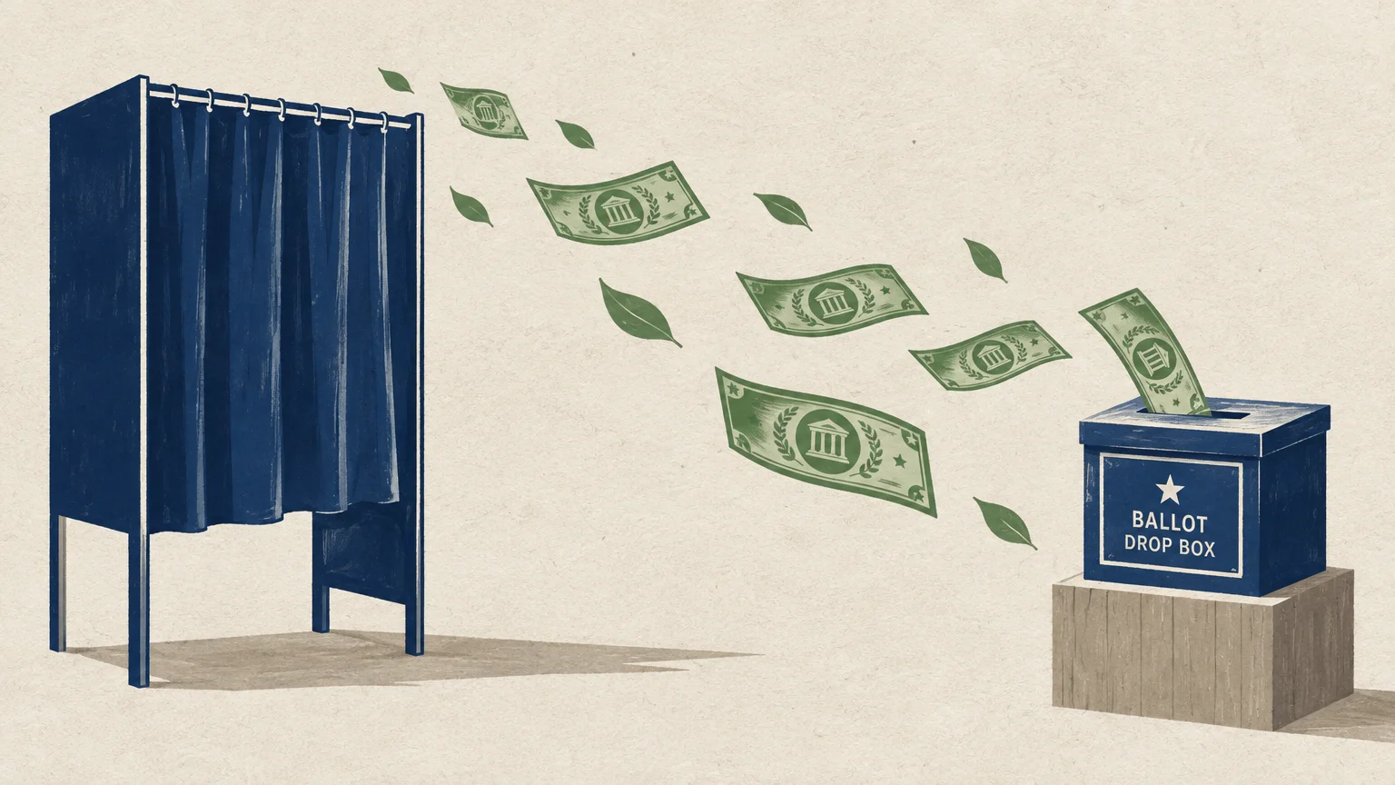 Illustration of green banknotes floating through the air from a blue voting booth into a blue ballot drop box.