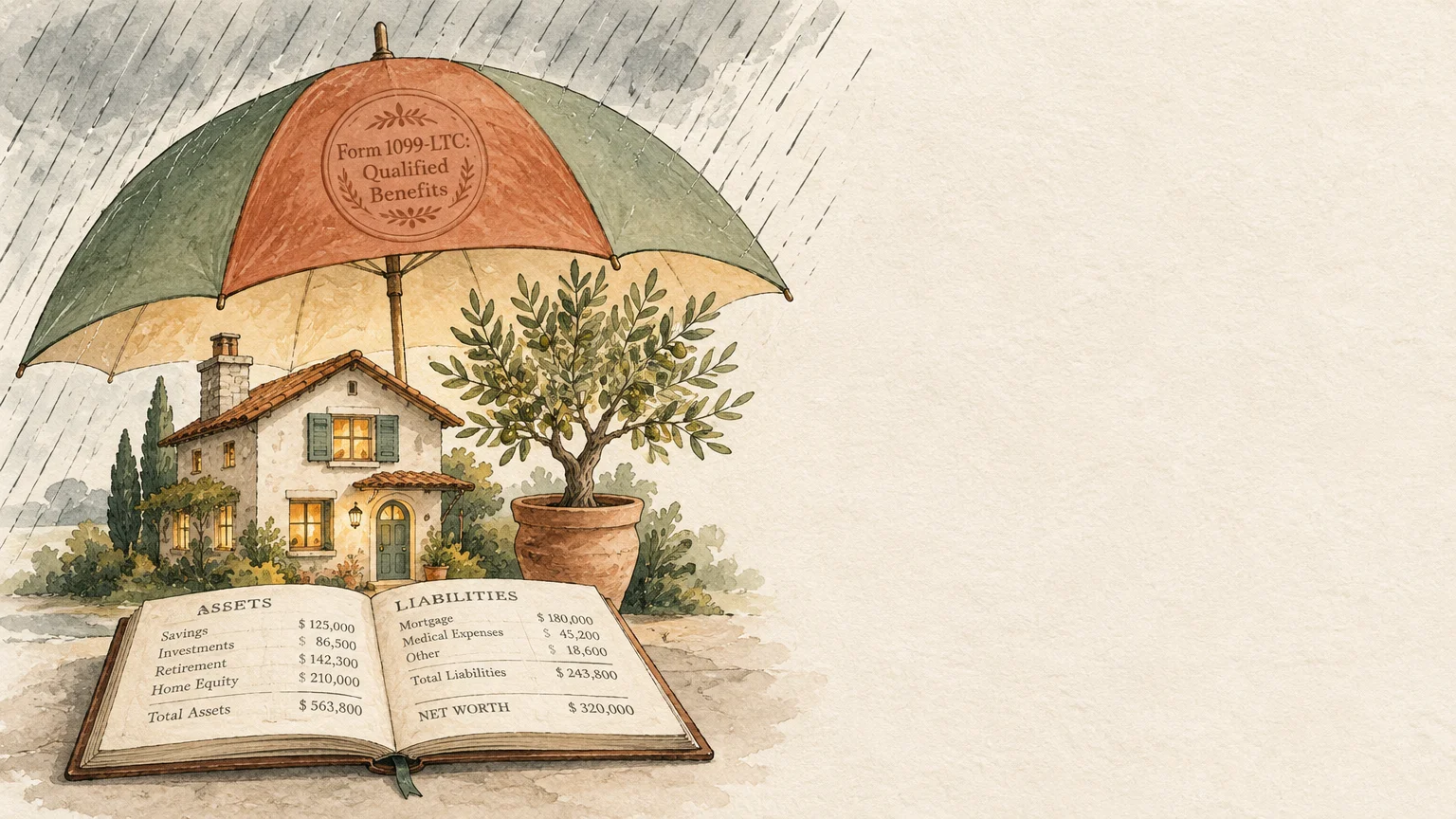 Watercolor illustration of an umbrella sheltering a small house, a potted tree, and an open financial ledger in the rain.