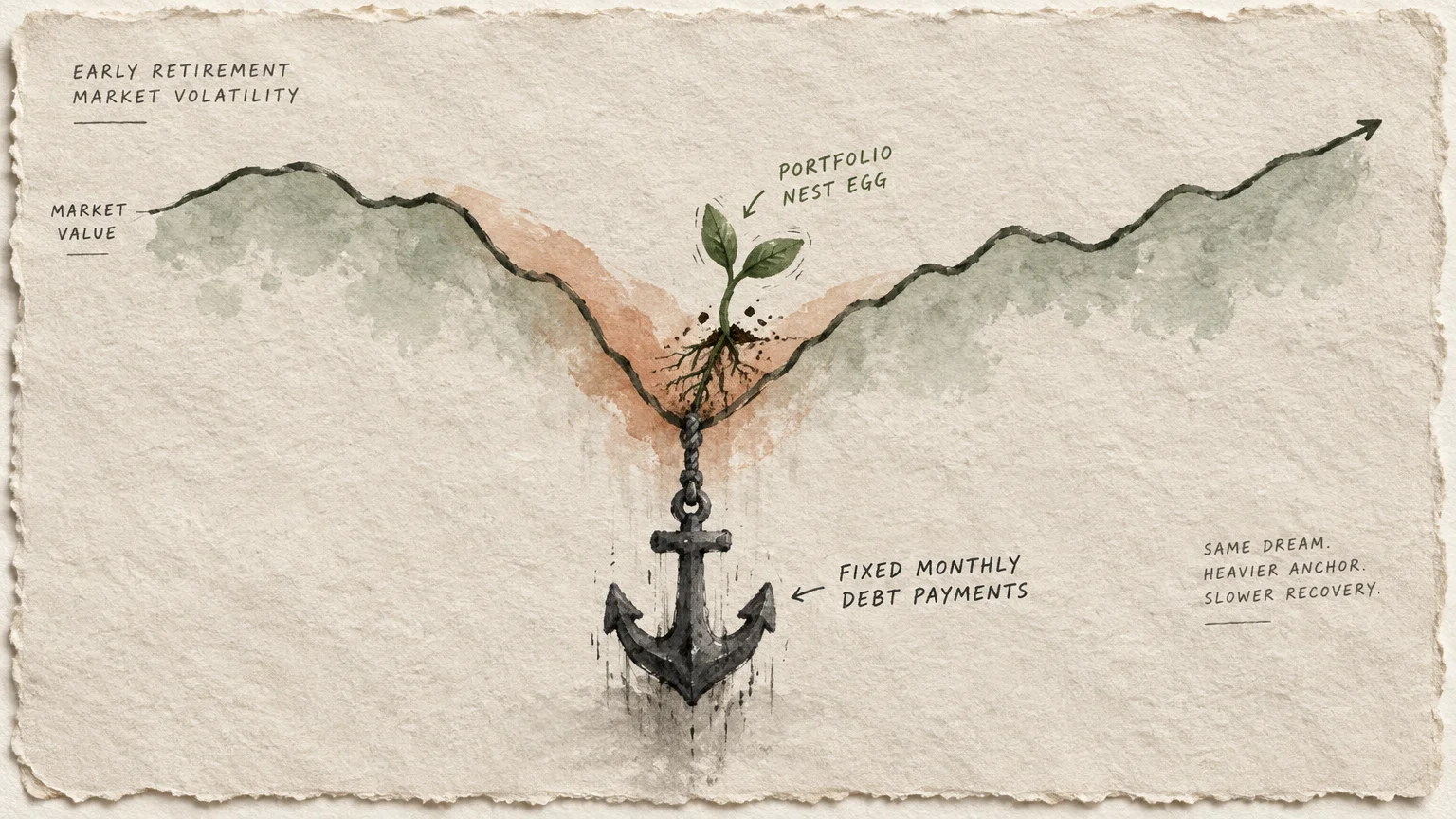 Illustration of a fluctuating market trendline dipping into a valley, weighed down by an anchor beneath a sprouted plant.