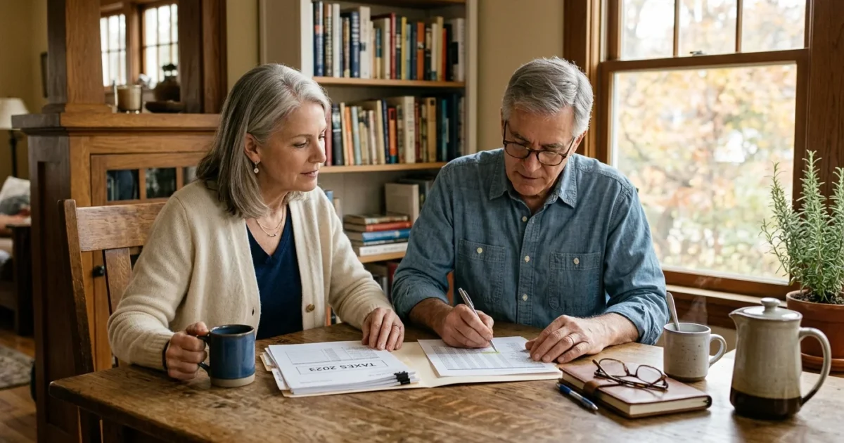 A mature couple sits at a wooden table reviewing tax documents with coffee mugs nearby.