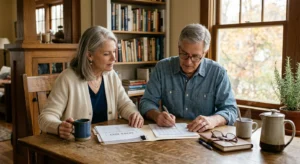 A mature couple sits at a wooden table reviewing tax documents with coffee mugs nearby.