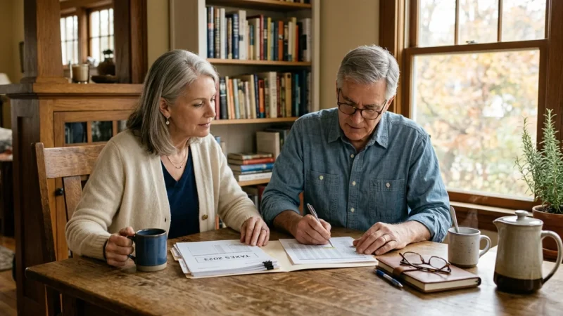 A mature couple sits at a wooden table reviewing tax documents with coffee mugs nearby.