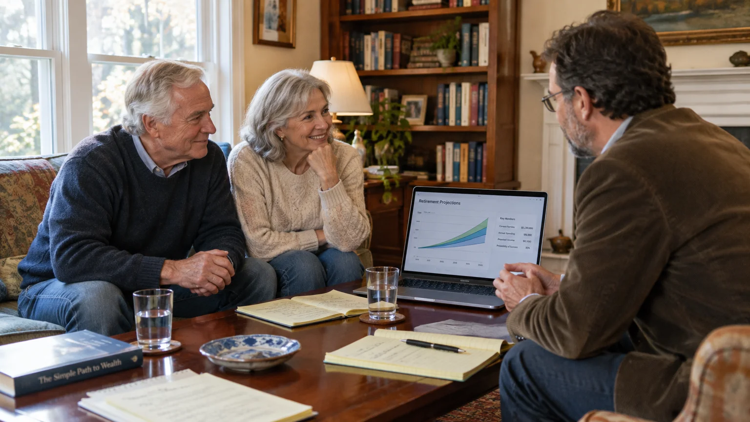 A financial planner shows retirement projections on a laptop to a senior couple seated across a coffee table.