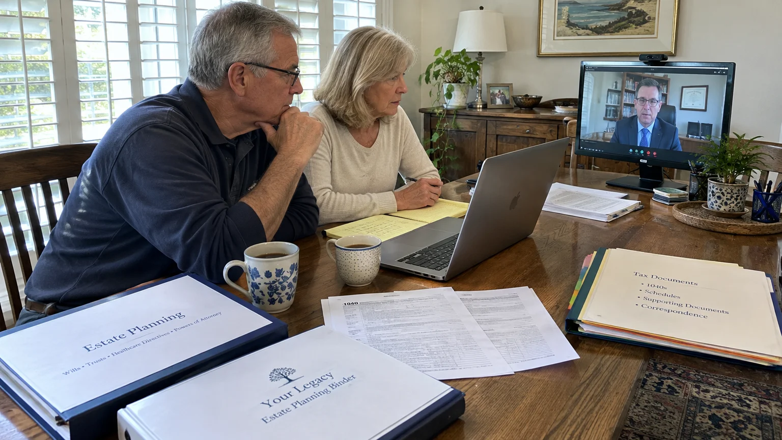 Older couple seated at a dining table with tax and estate binders, attending a video call on a computer monitor.