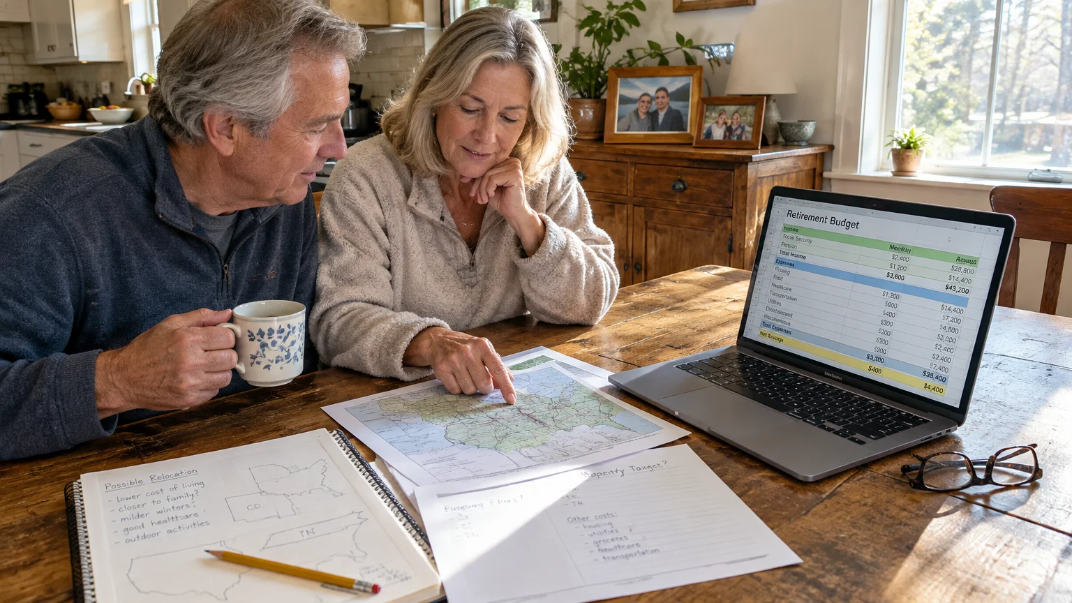 Older couple reviewing a retirement budget spreadsheet on a laptop alongside printed maps and relocation notes at a table.