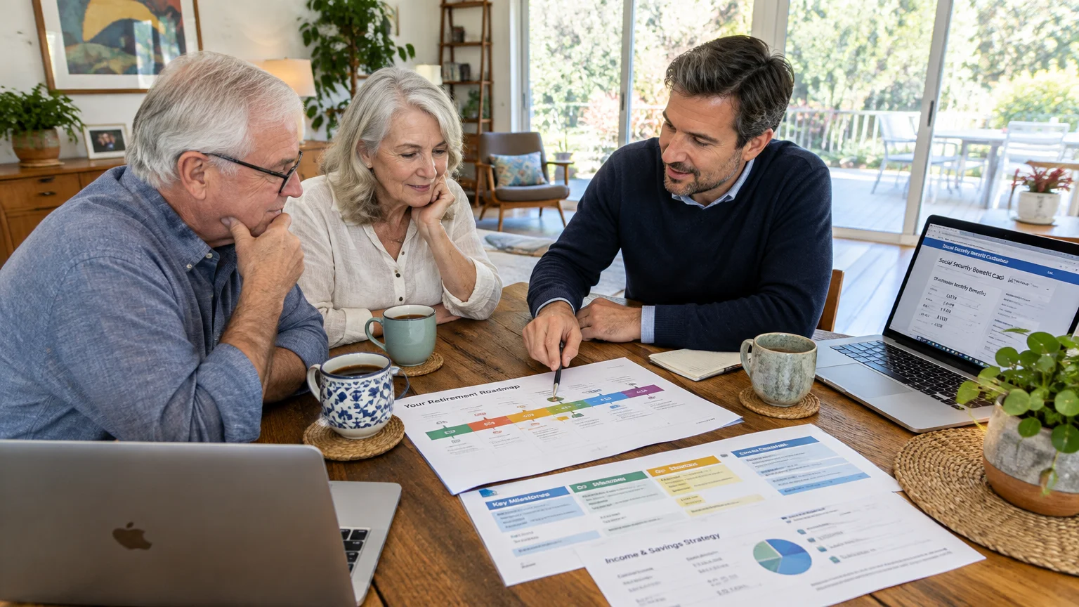 A senior couple reviews printed retirement roadmaps and laptop screens with a male financial advisor at a wooden table.