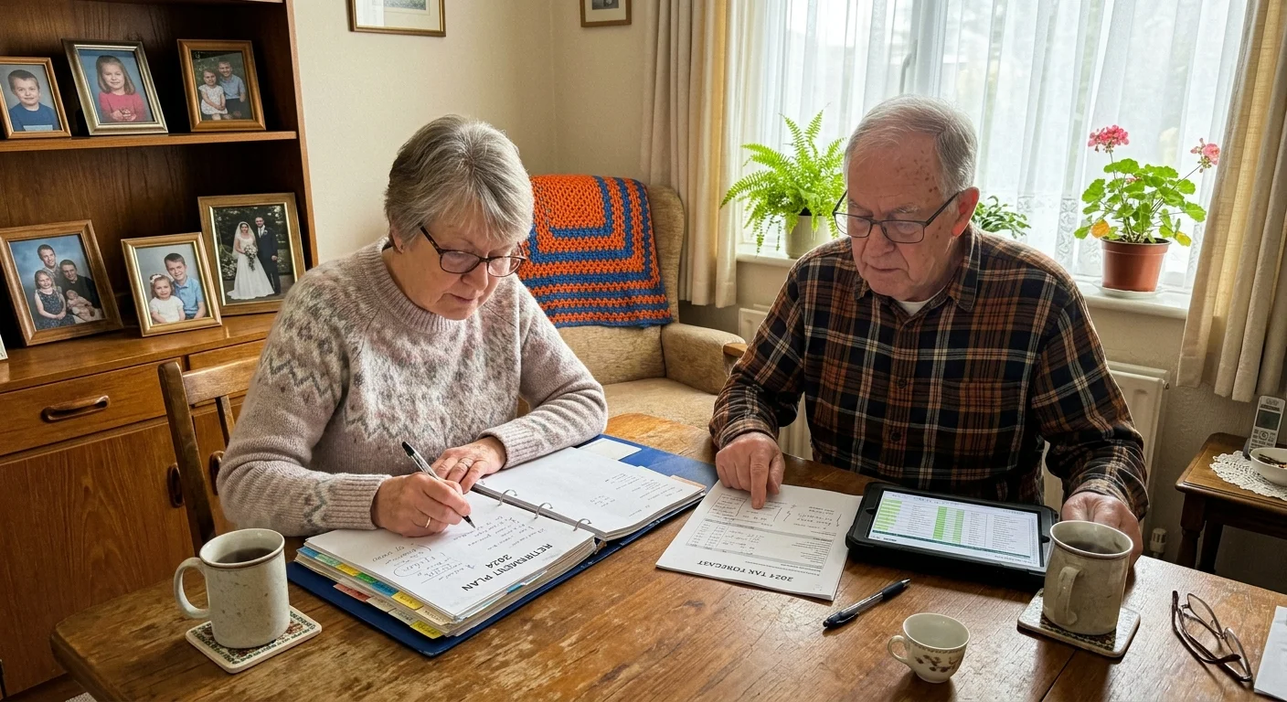 Older couple sitting at a wooden table reviewing financial paperwork, a binder, and a tablet.