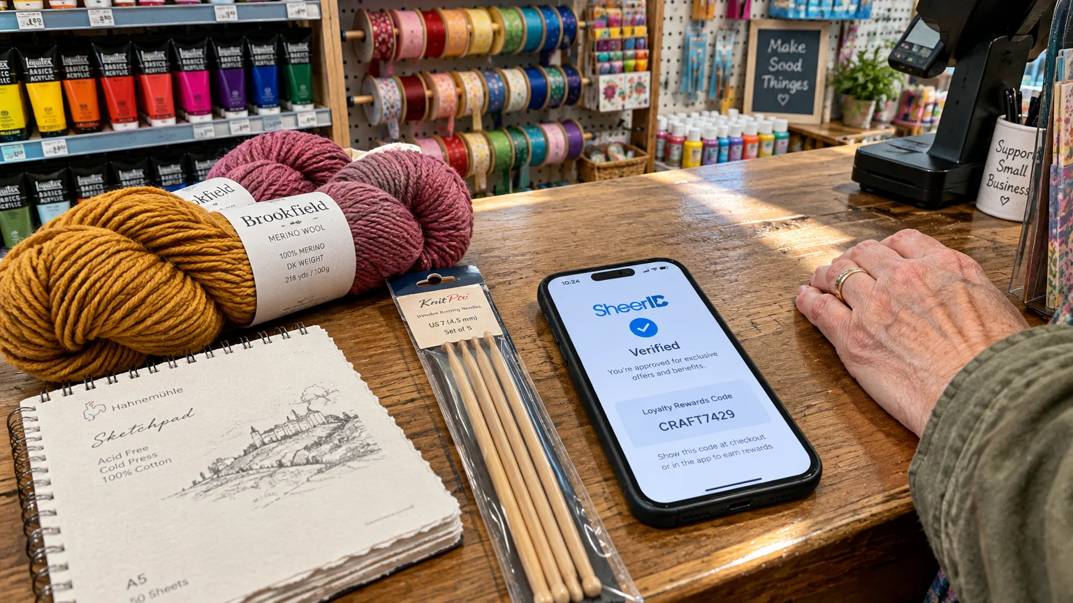 A smartphone showing a SheerID verified screen next to yarn, knitting needles, and a sketchpad on a wooden store counter.