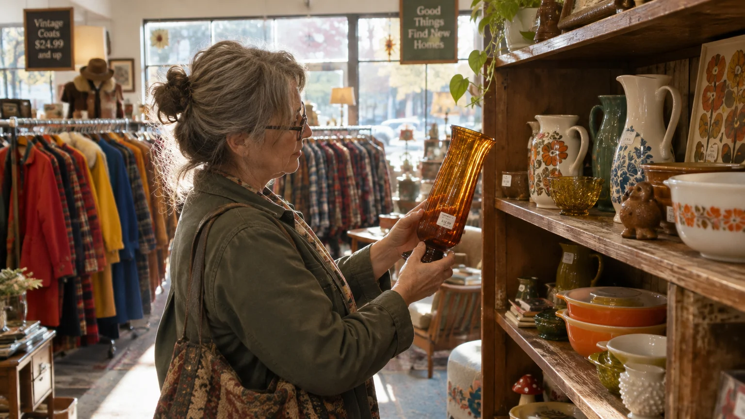 A senior woman examines an amber glass vase on a wooden shelf in a thrift shop filled with vintage items.
