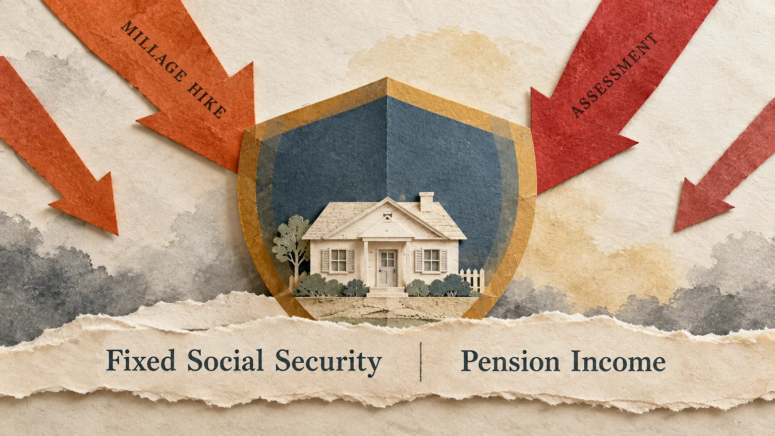 Paper craft illustration of a house inside a protective shield under downward arrows labeled millage hike and assessment.