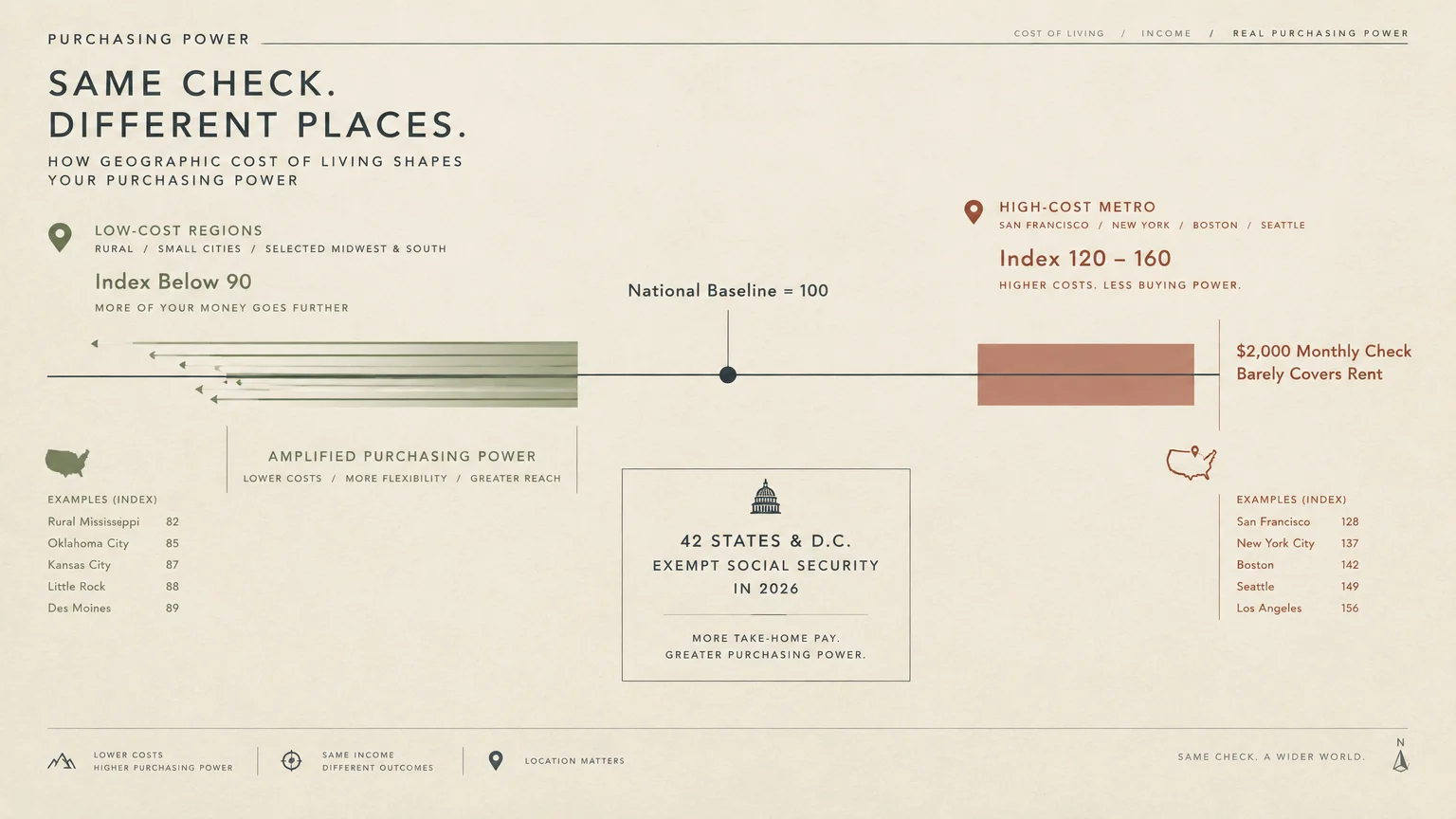 Infographic comparing purchasing power across a national baseline score of 100, showing low-cost and high-cost regions.