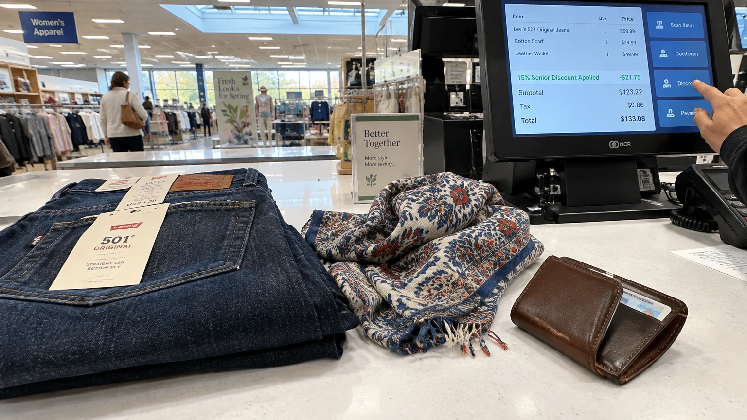 Checkout register screen displaying a senior discount next to folded jeans, a patterned scarf, and a wallet on the counter.