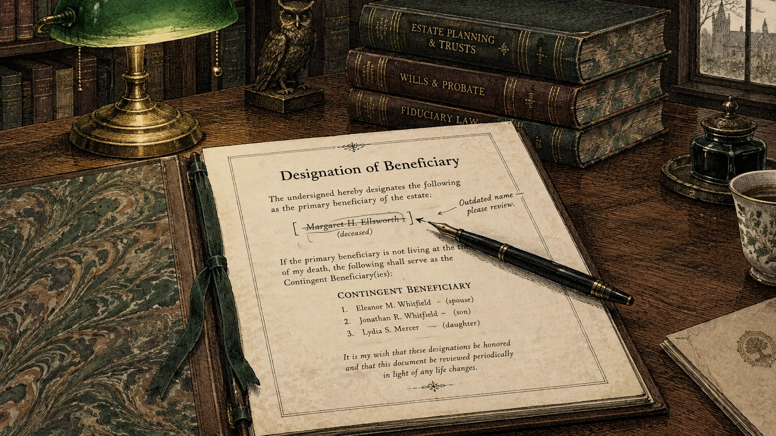 Illustration of a legal designation of beneficiary document on a desk beside law books and a green banker's lamp.