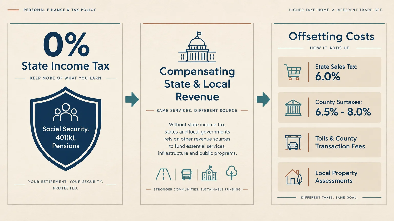 Infographic showing 0% state income tax leading to compensating revenue like a 6.0% sales tax and county surtaxes.