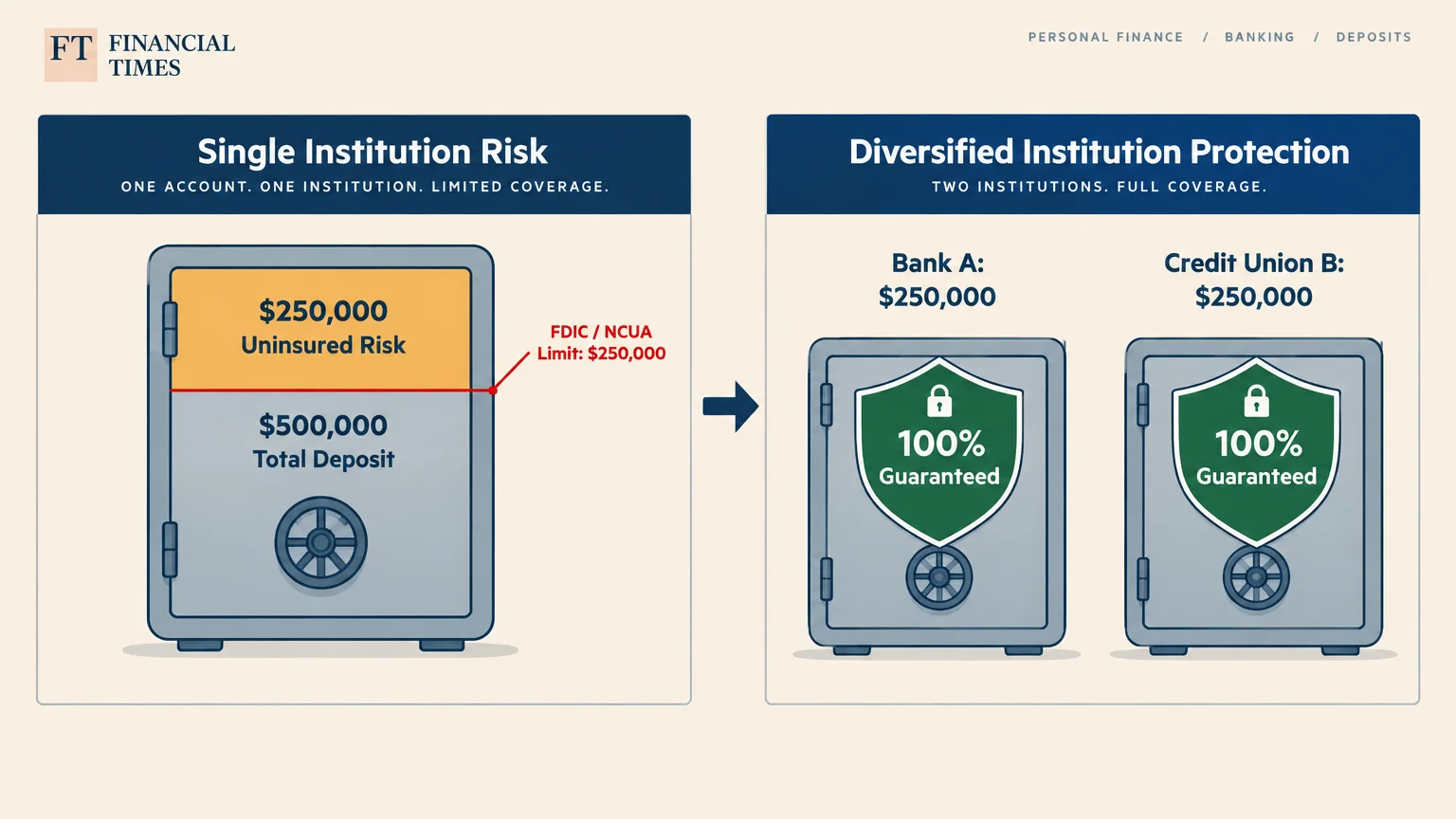 Diagram comparing a single safe with $250,000 uninsured risk to two separate safes with 100% guaranteed deposits.