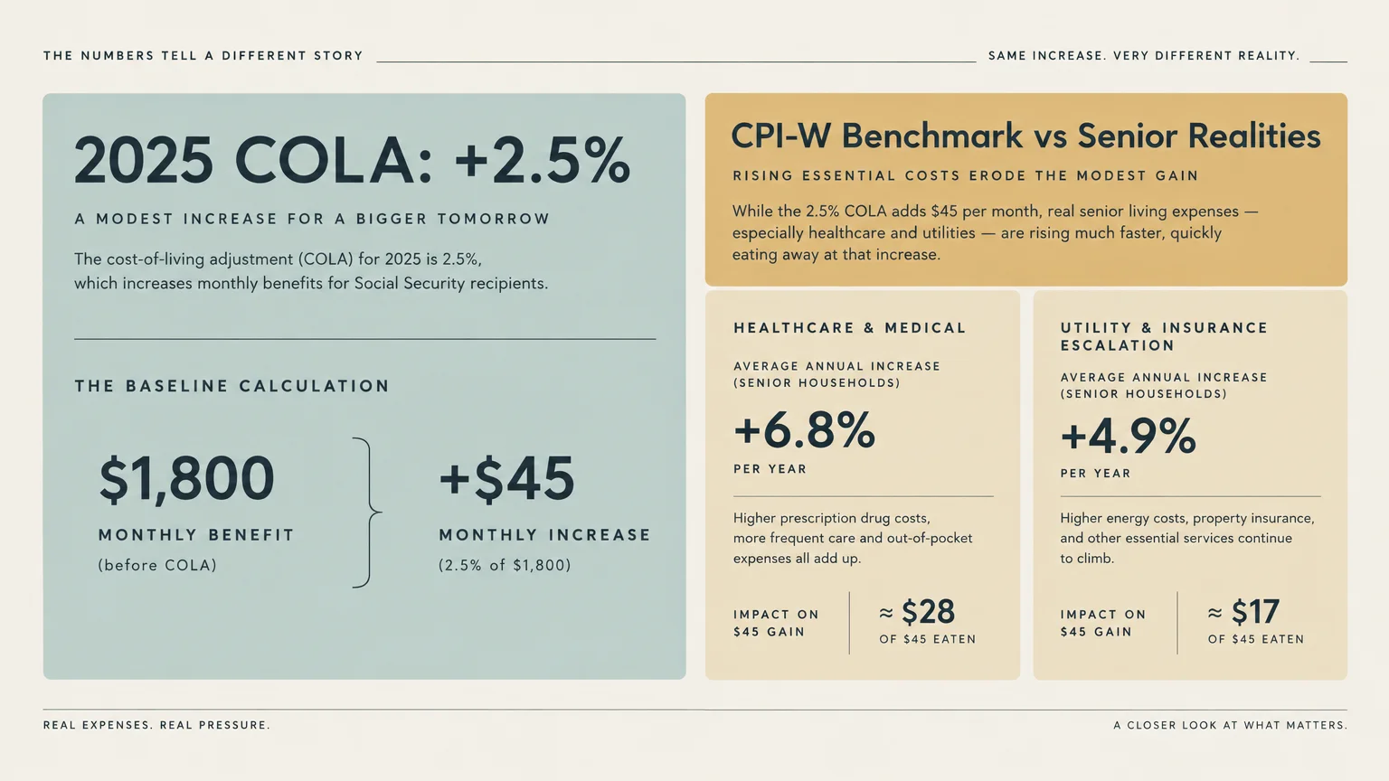 Infographic comparing a 2025 Social Security COLA of 2.5% against higher healthcare and utility cost increases.