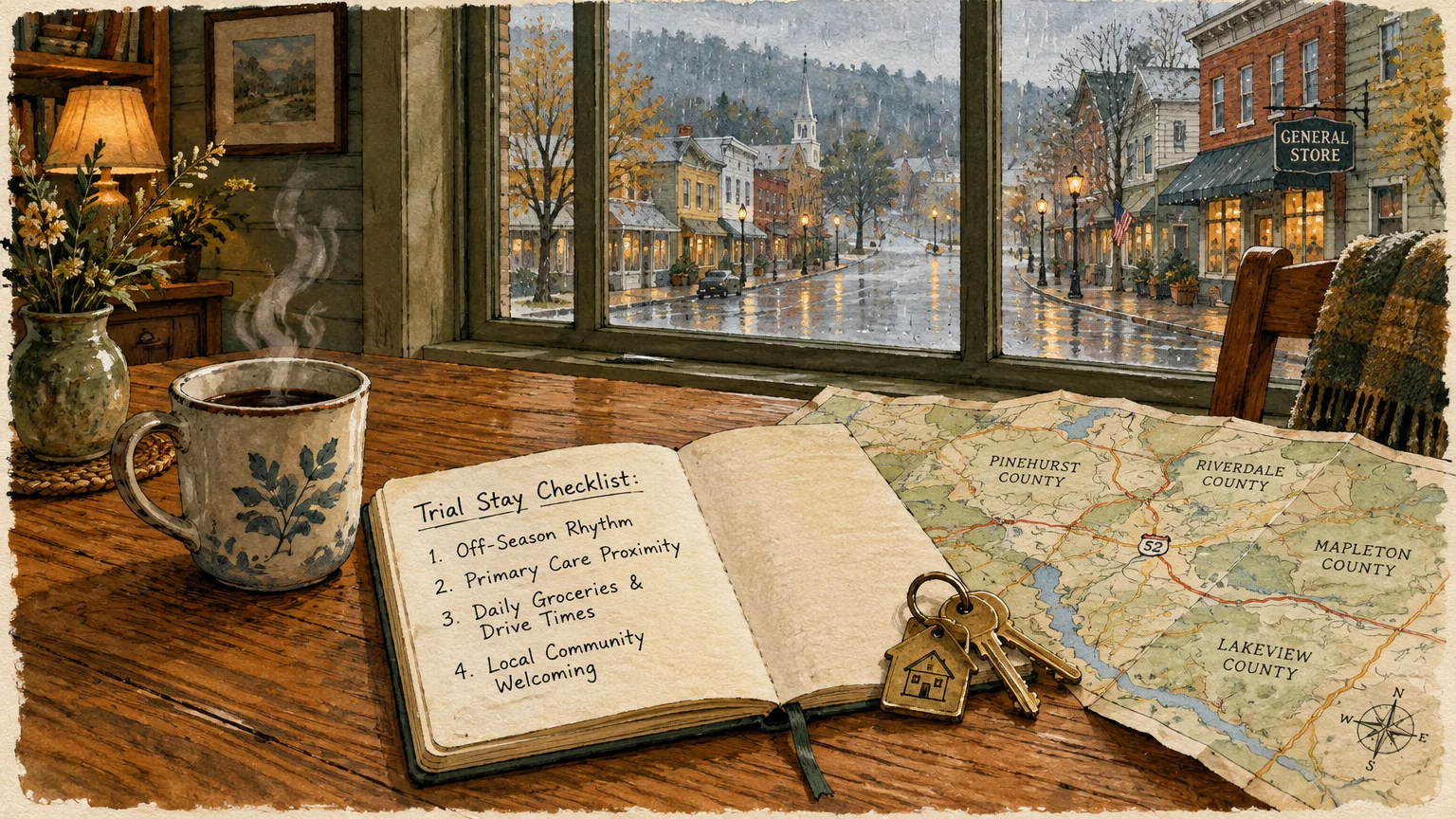 Illustration of a notebook listing trial stay checklist items beside keys, a map, and a coffee mug overlooking a rainy town.