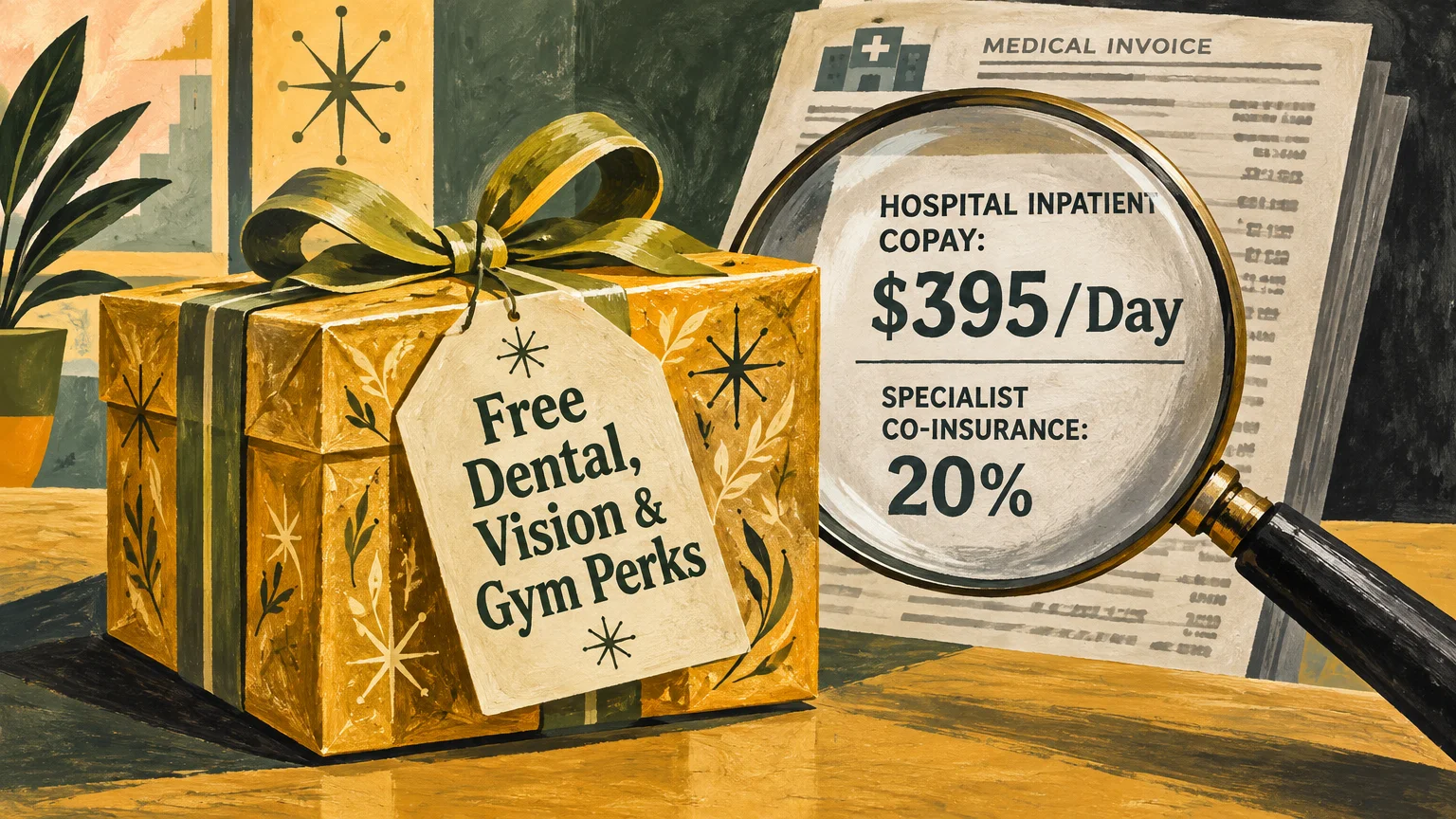 Illustration of a gift box labeled with dental and gym perks beside a magnifying glass revealing high hospital copays.