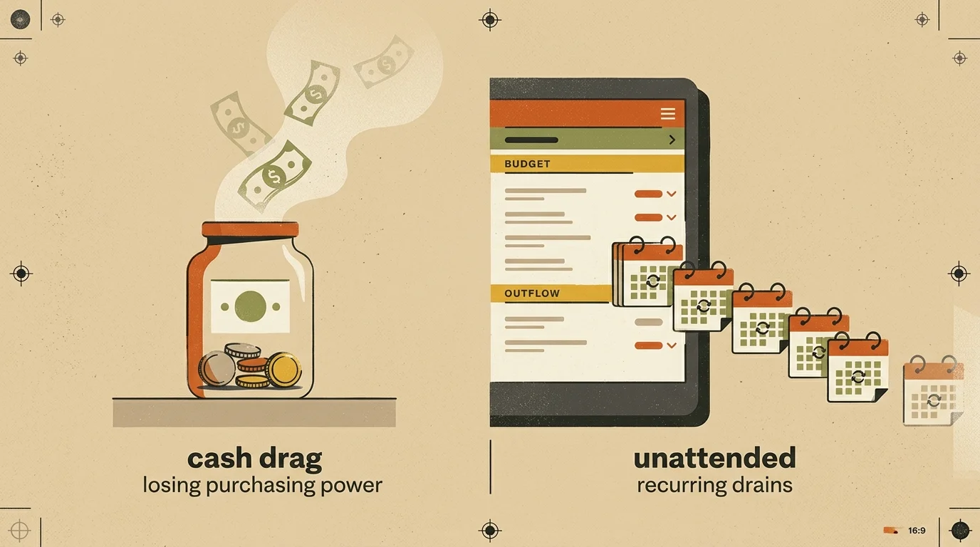 Illustration of money floating from a glass jar next to a tablet screen displaying recurring calendar icons.