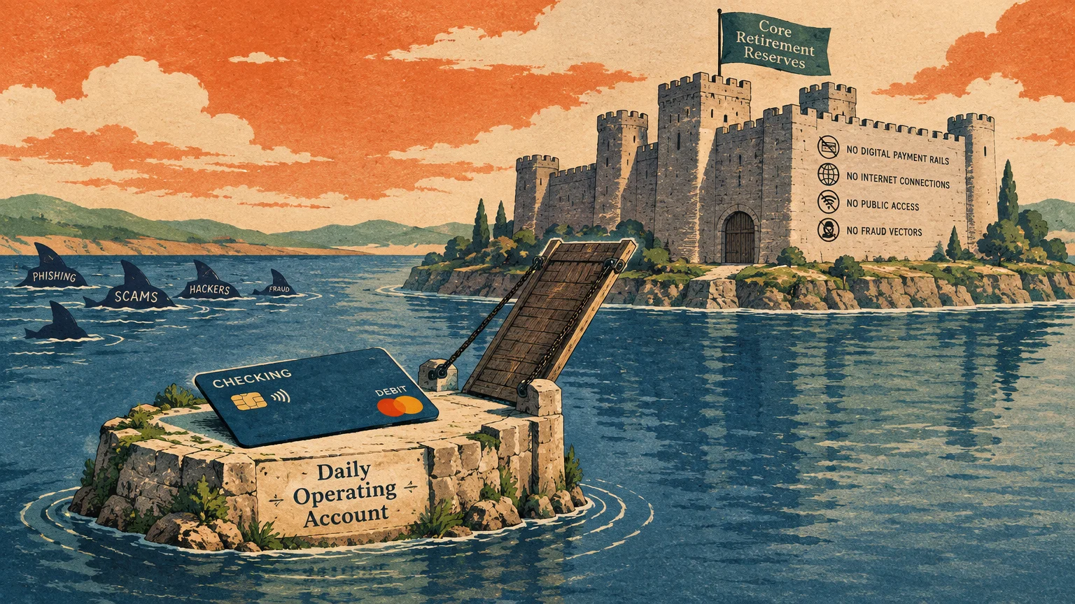 Illustration of a stone castle fortress separated by water and a raised drawbridge from an island holding a debit card.