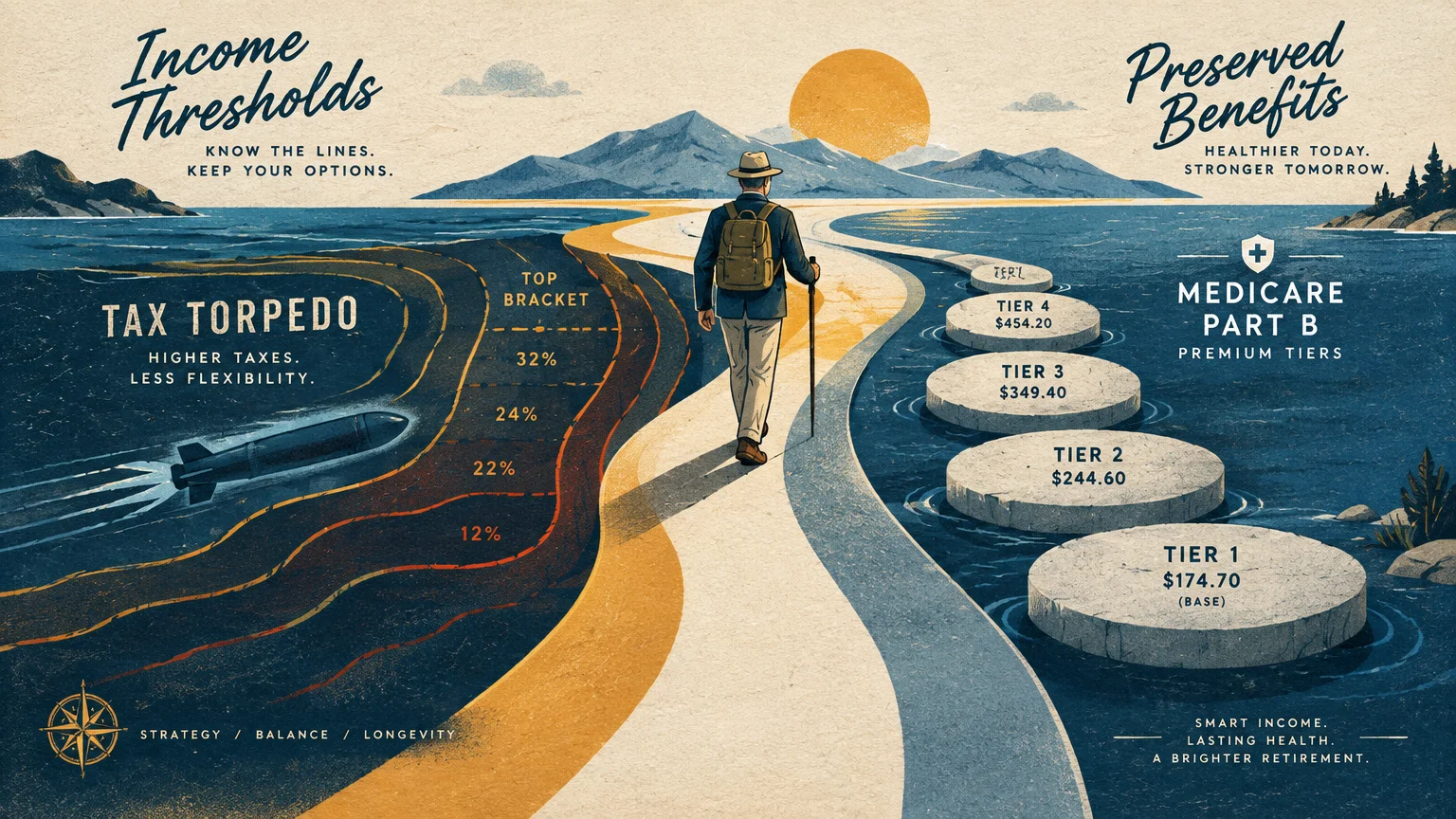 Illustration of a hiker walking a winding path between an underwater tax torpedo bracket map and Medicare stepping stones.