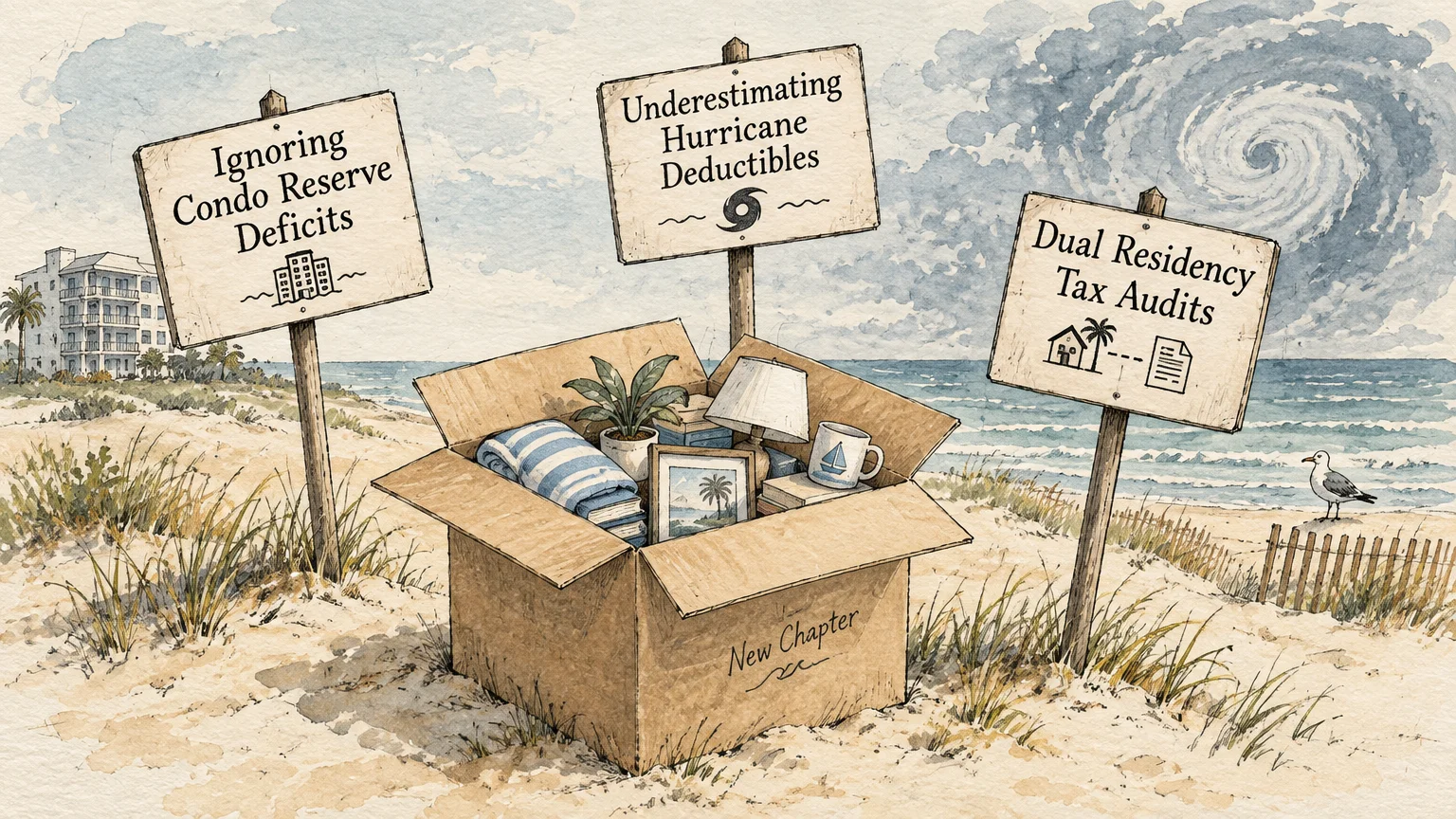 Illustration of a moving box on a Florida beach surrounded by warning signs pointing out common relocation mistakes.