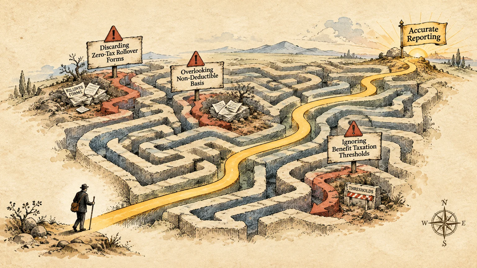 Illustration of a traveler walking a stone maze following a clear golden path toward a flag reading Accurate Reporting.