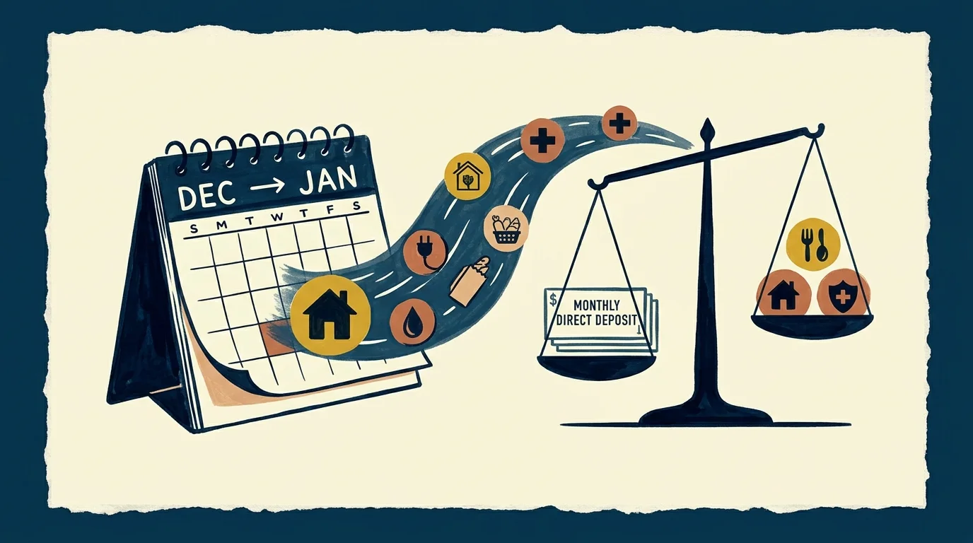 A calendar transitioning from December to January beside a scale balancing direct deposits against expense icons.