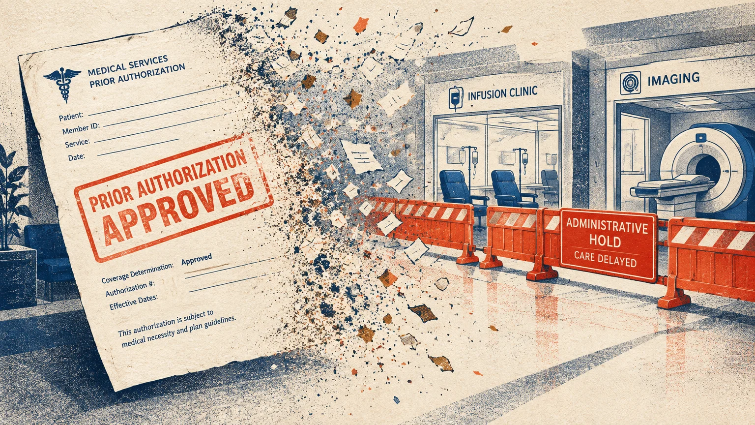 An approved medical authorization form dissolves into fragments before barricades blocking clinic treatment rooms.