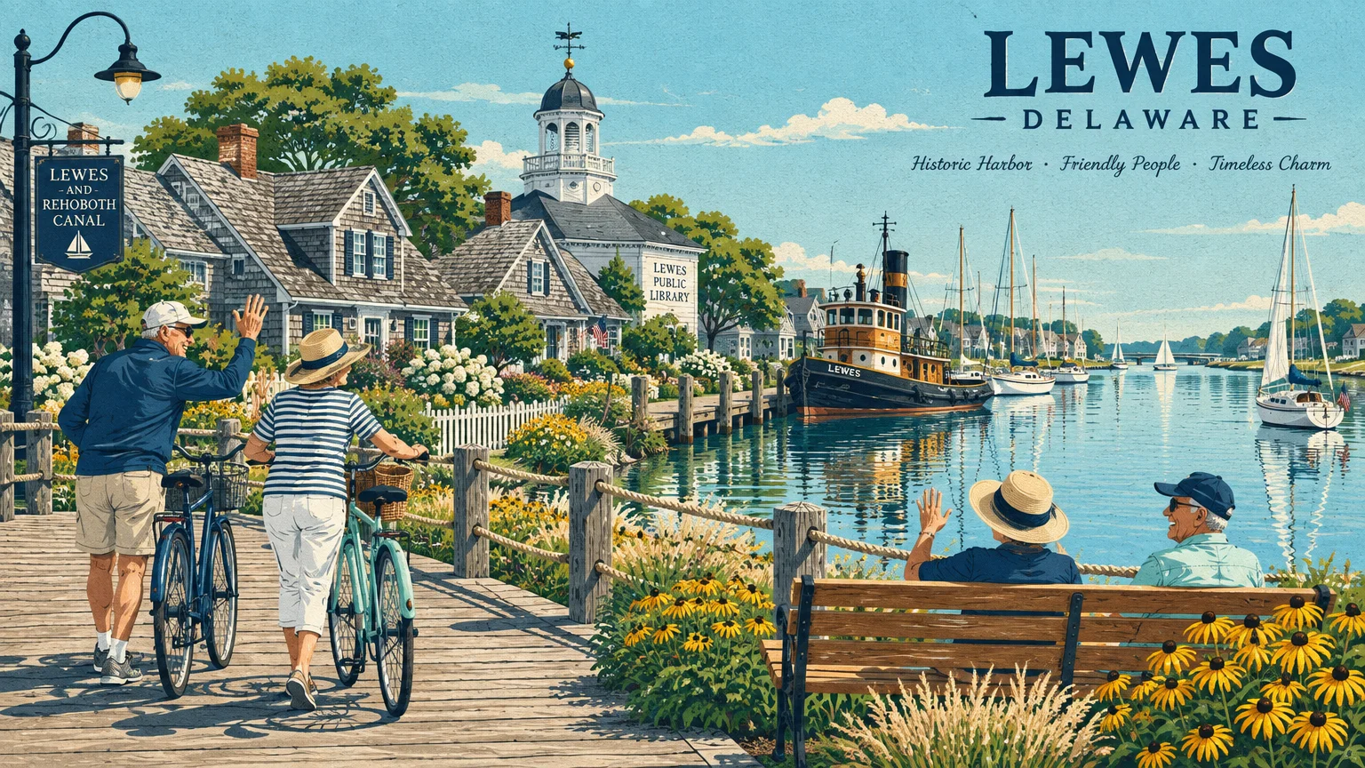 Illustration of people walking bicycles and waving along a sunny canal boardwalk lined with coastal cottages and boats.