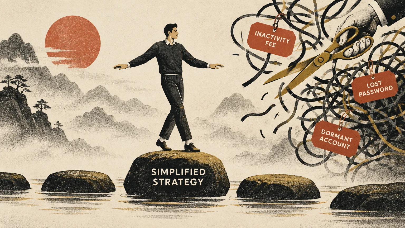 Man balancing across stepping stones as scissors cut tangled wires tagged inactivity fee, lost password, and dormant account.