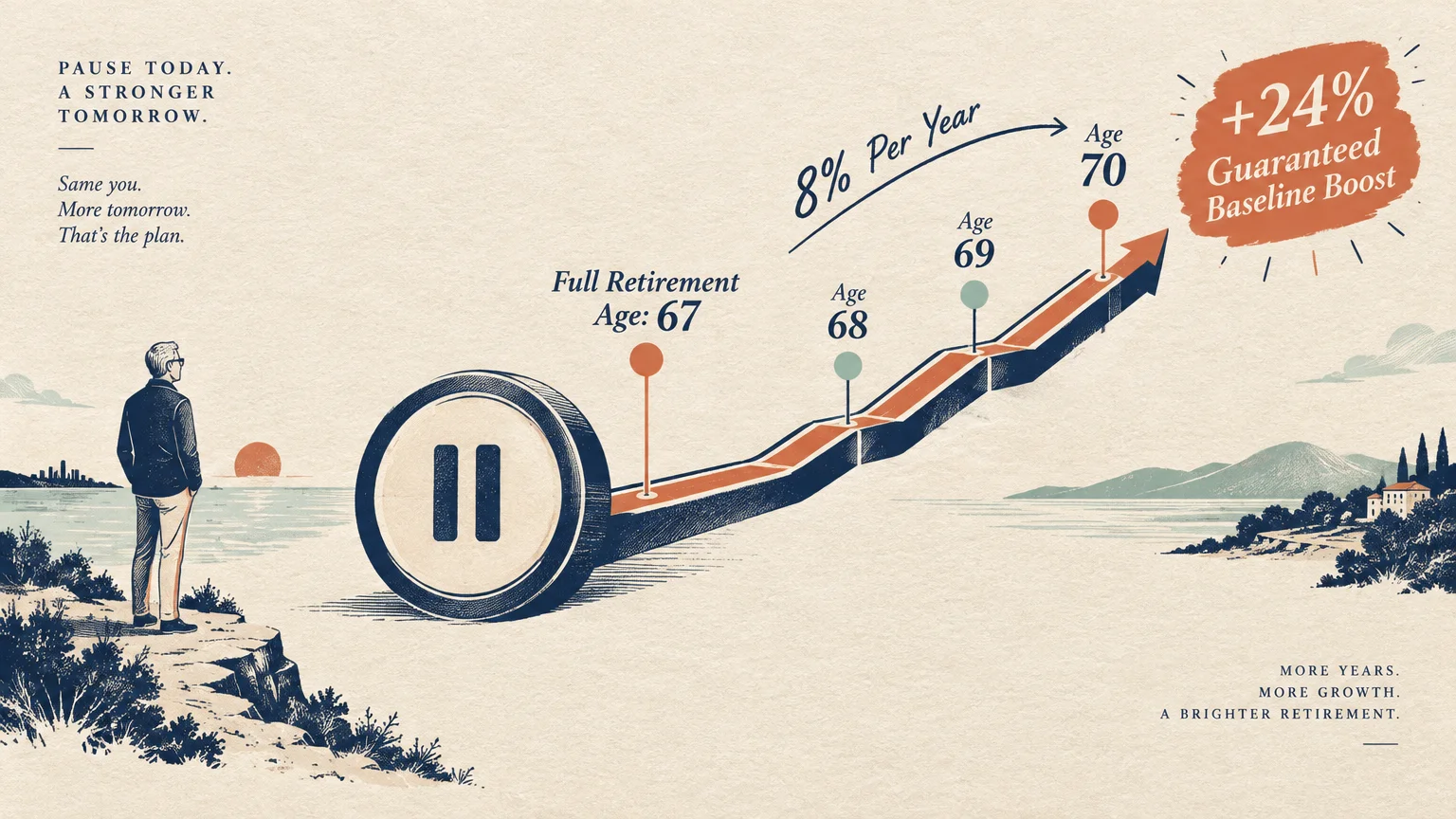 Illustration of a man looking at an upward arrow with a pause button, marked from age 67 to age 70 showing a 24% boost.