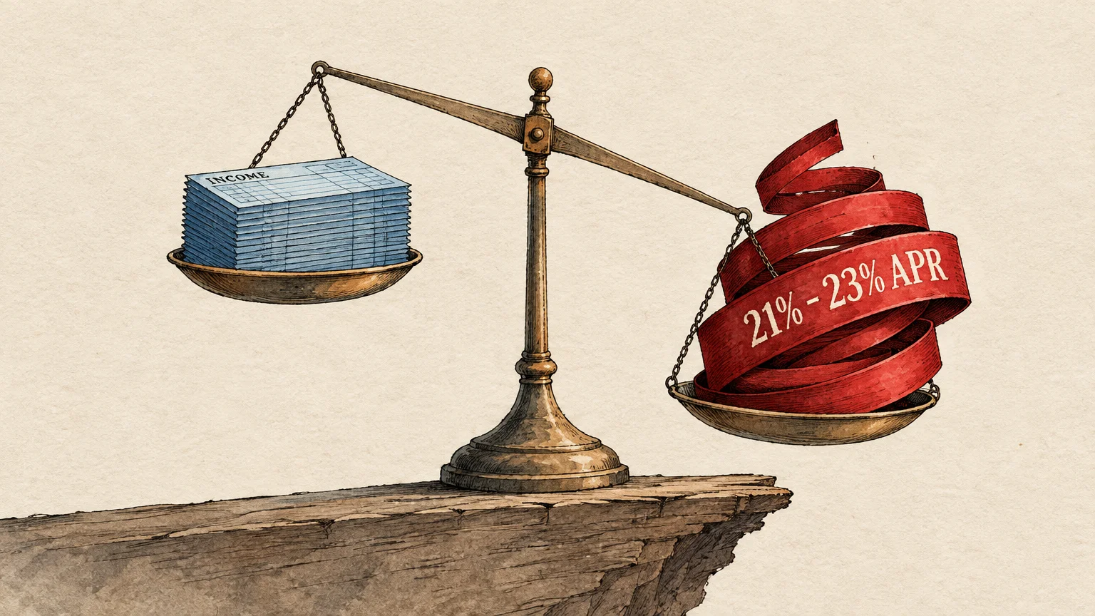 A scale weighing a stack of income slips against a heavier red ribbon labeled 21% to 23% APR.