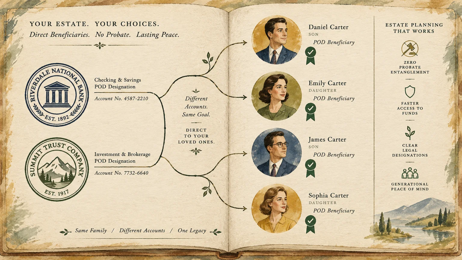 Diagram in an open book connecting two bank accounts to four illustrated portraits labeled as POD beneficiaries.