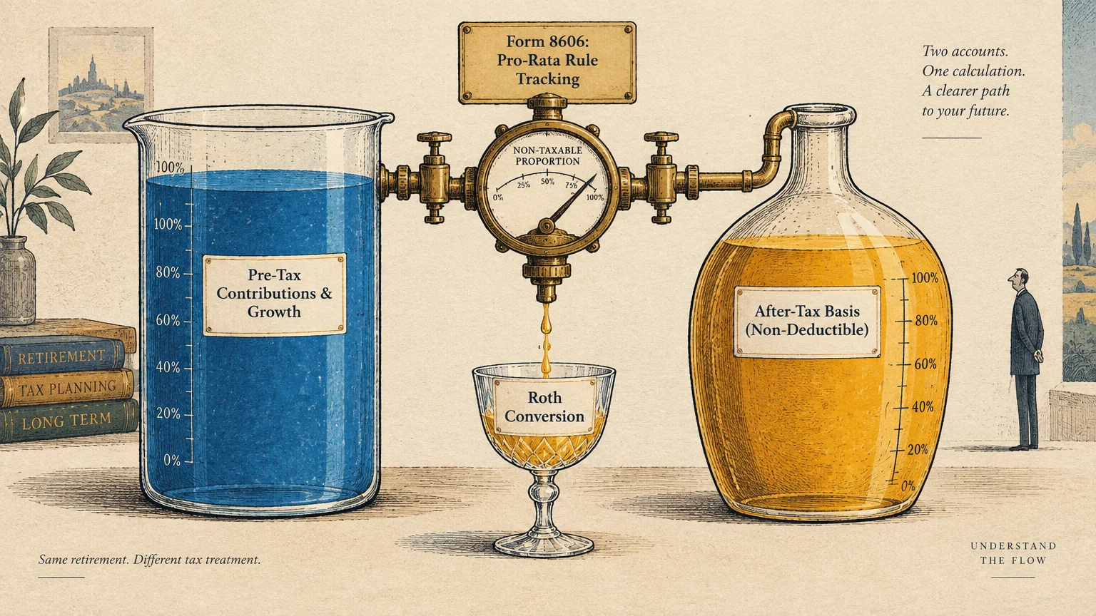 Beaker and jug connected by pipes and a meter labeled Form 8606 Pro-Rata Rule Tracking dripping liquid into a glass.