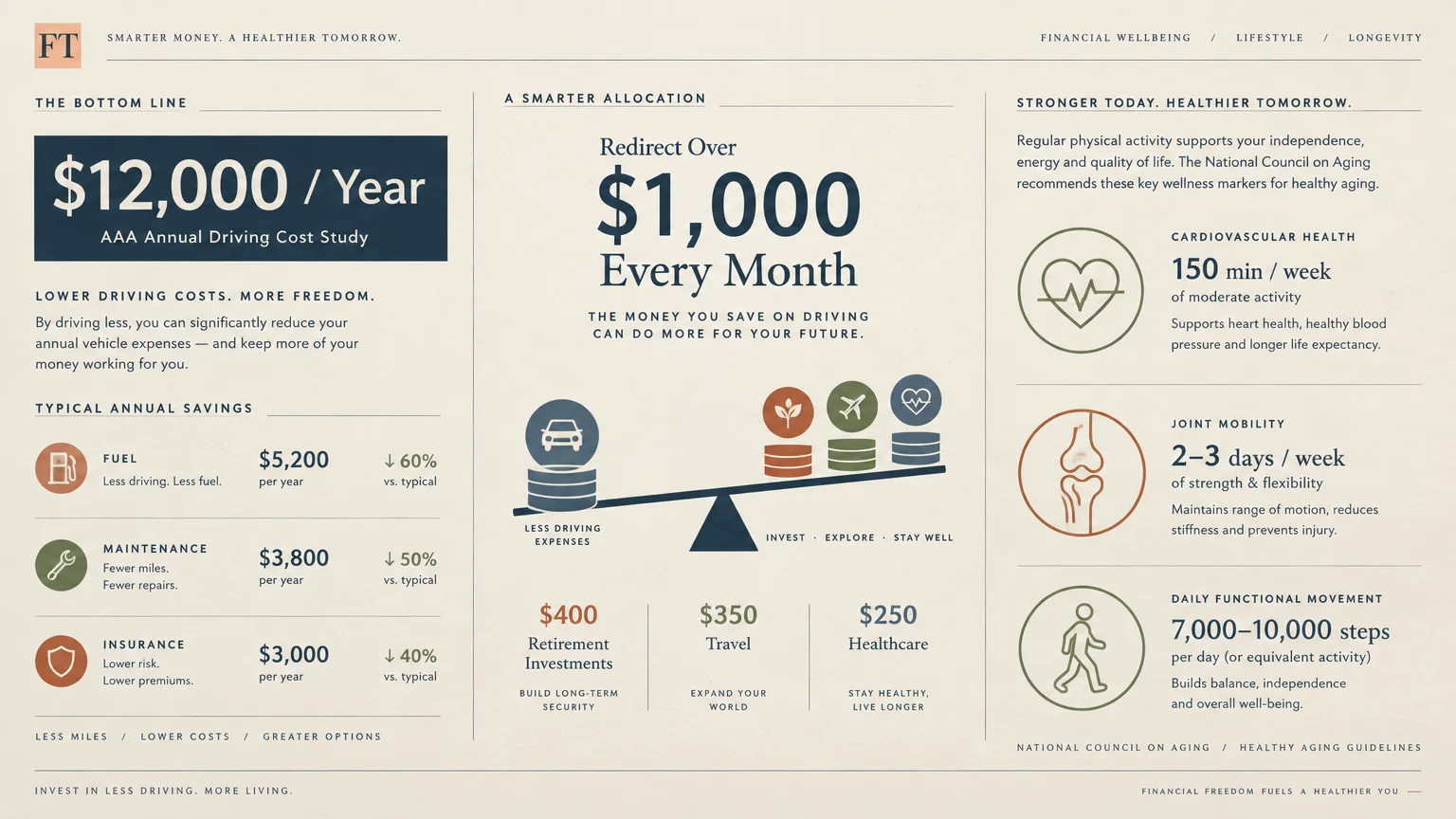 Infographic detailing driving costs, savings reallocation to investments and travel, and health guidelines for aging.