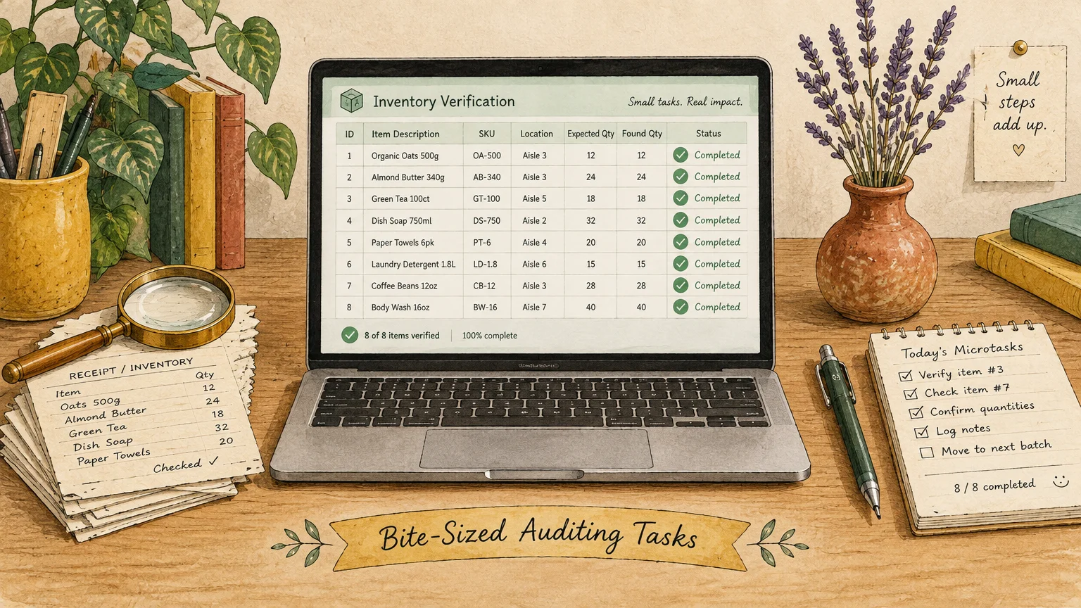 Illustration of a laptop displaying an inventory verification spreadsheet, flanked by receipts, a notepad, and plants.