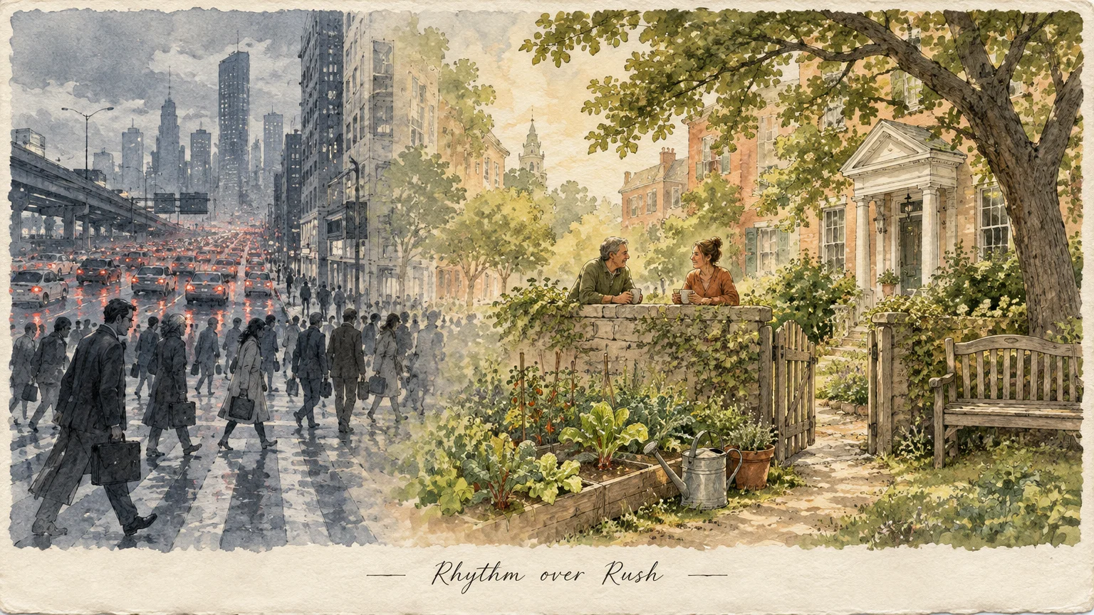 Split watercolor comparing a rainy, crowded city street of commuters with a sunny garden where neighbors chat over a wall.