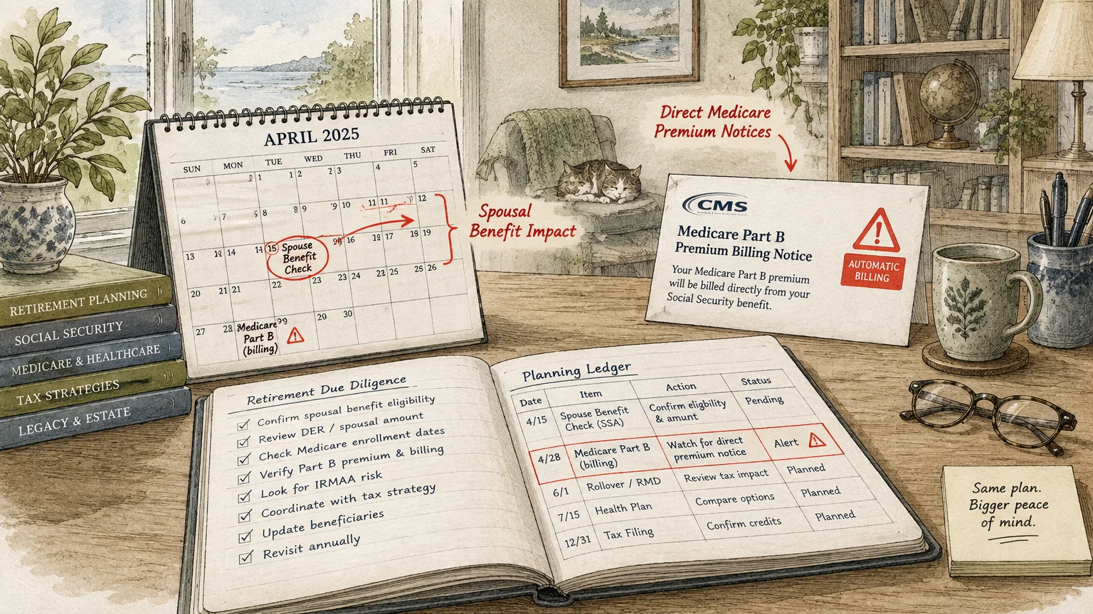 A desk with an open retirement planning ledger, April 2025 calendar, Medicare Part B billing notice, and coffee mug.