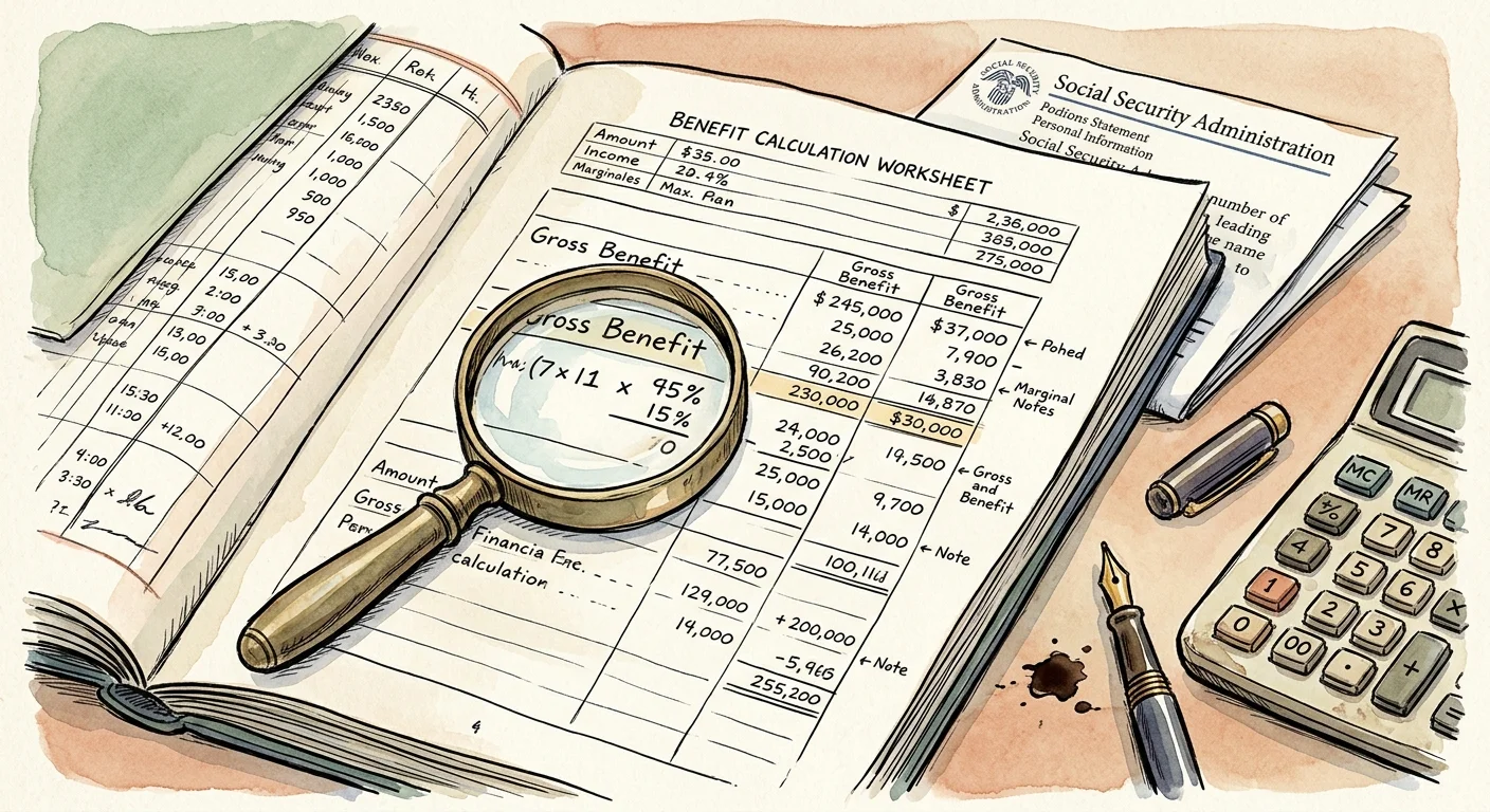 Illustration of an open ledger, magnifying glass, calculator, pen, and Social Security document on a desk.