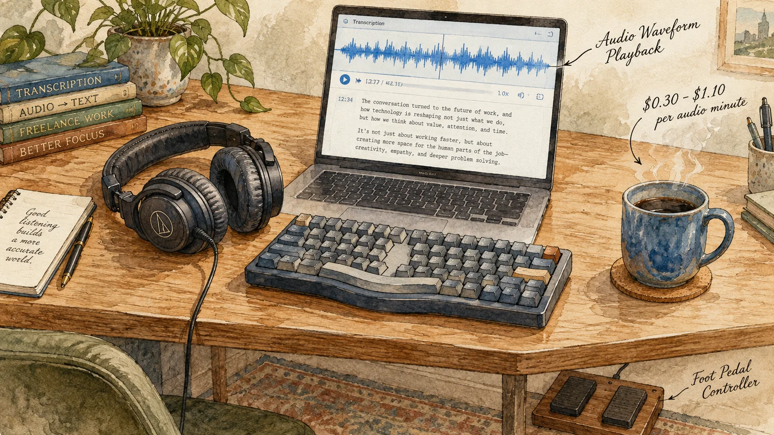 Desk with a laptop running transcription software, mechanical keyboard, headphones, steaming mug, and foot pedal controller.