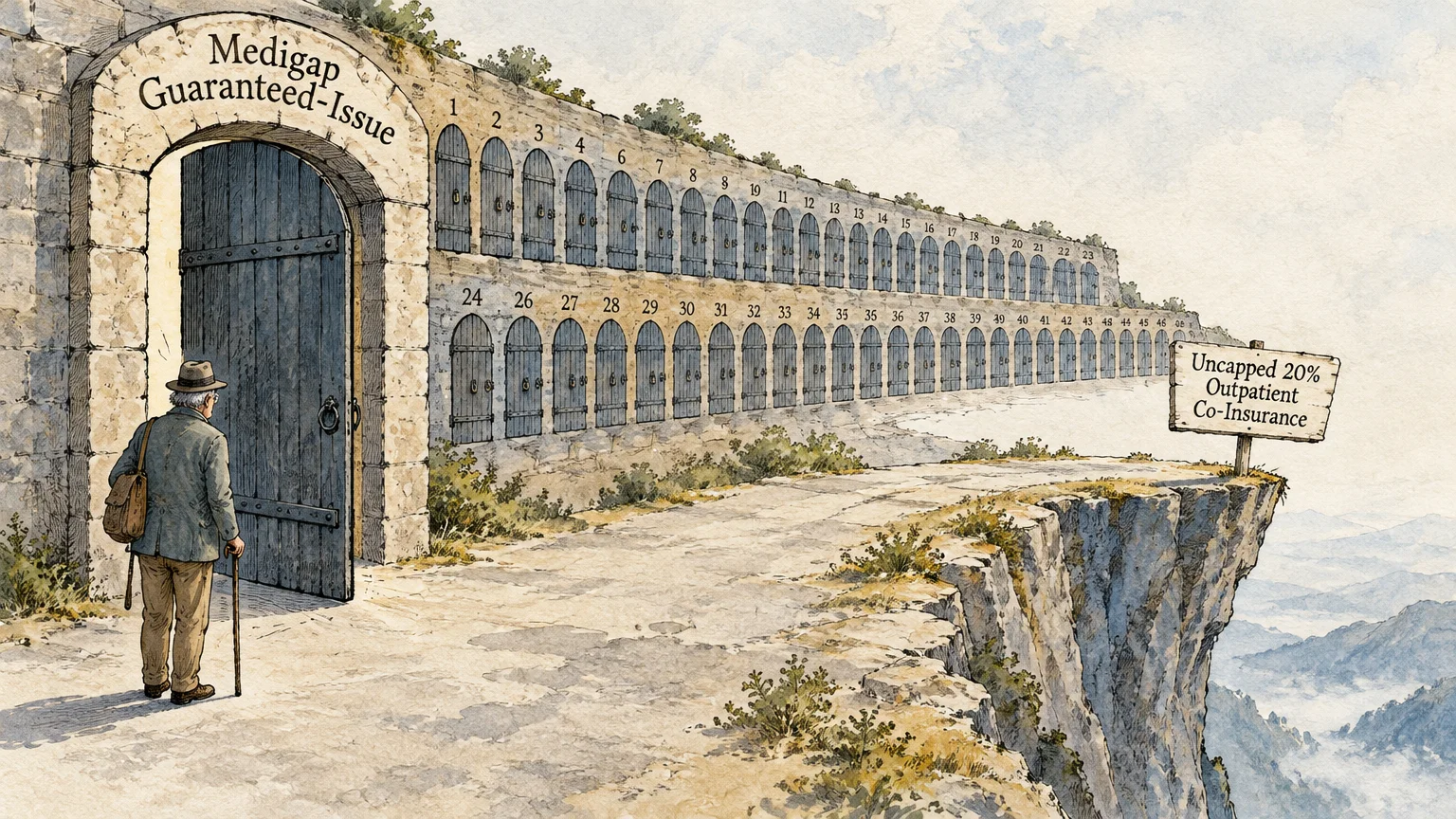 Illustration of an elderly man with a cane walking toward an open stone doorway labeled Medigap Guaranteed-Issue beside a cliff.