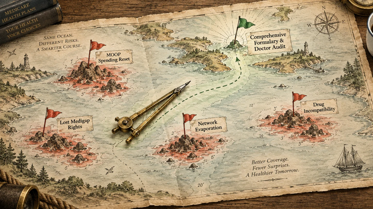 Antique nautical map on wood with a brass divider charting a dotted course past red-flagged hazard islands to a green flag.