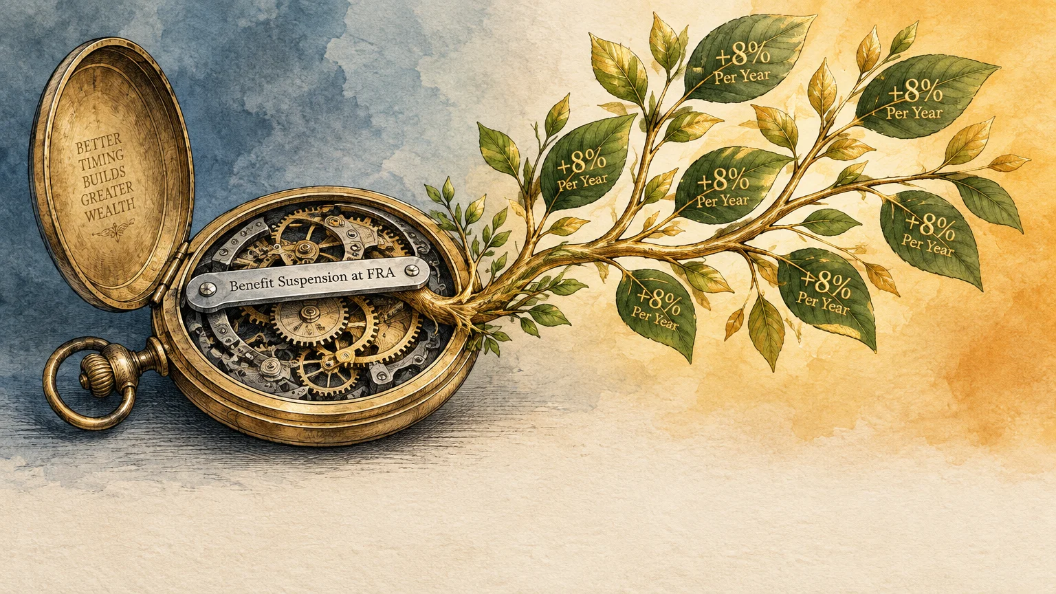 Illustration of an open pocket watch sprouting leafy branches labeled with "+8% Per Year" on the leaves.